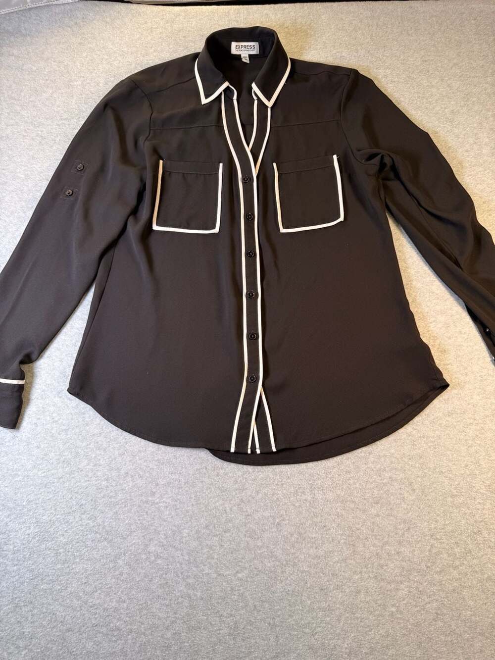 Express The Portofino Shirt Black White Piping Long Sleeve Button-Up Blouse